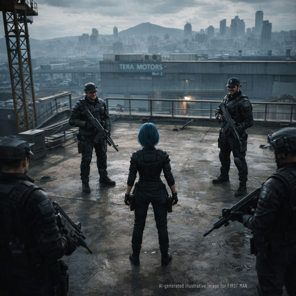 A blue-haired woman in tactical gear stands alone on a rain-slicked rooftop