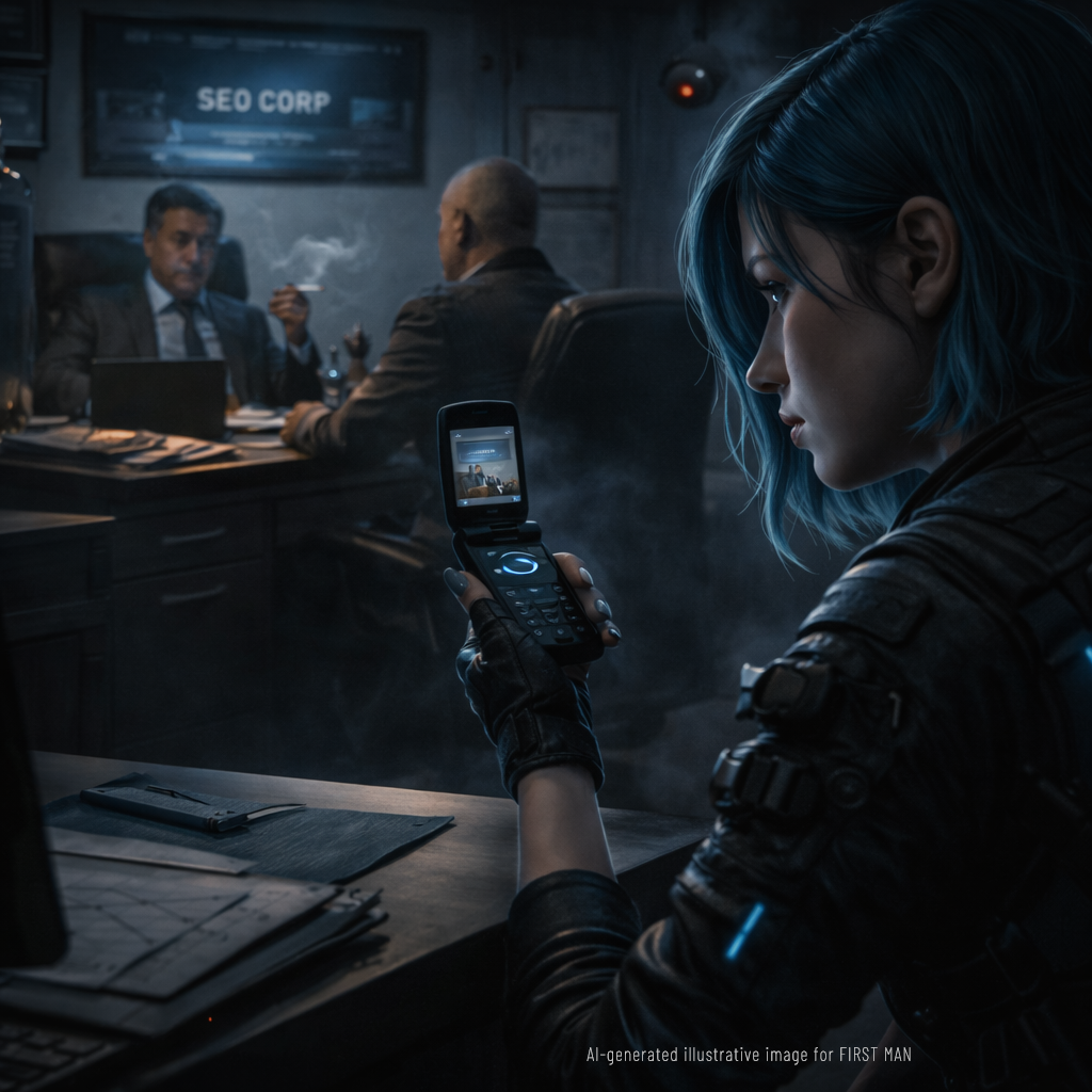 A woman with short blue hair secretly records a meeting on a flip phone, watching two men in suits inside a dim office marked “SEO CORP,” while a surveillance camera glows above them.