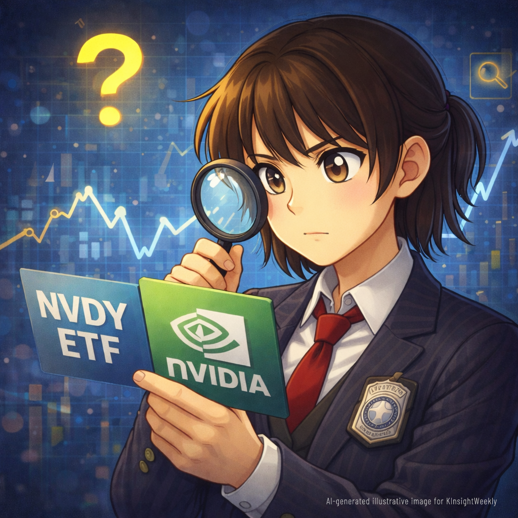A female detective examining NVDY ETF and NVIDIA cards with a magnifying glass.