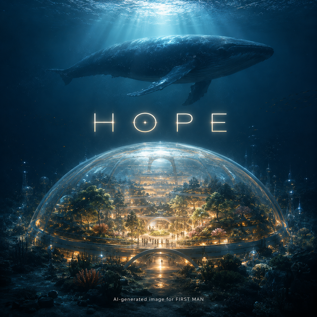 Undersea dome city Hope with a whale drifting above — AI-generated image for FIRST MAN