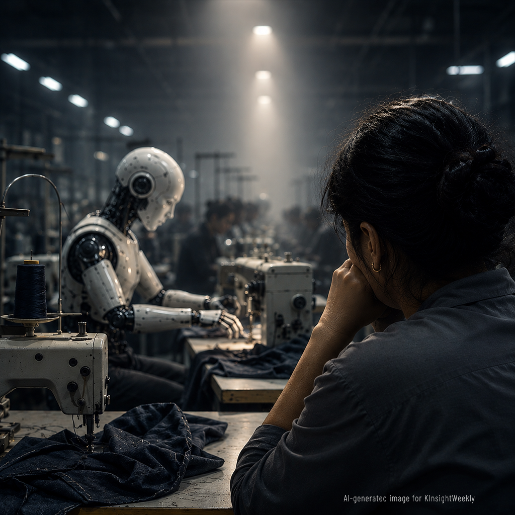 A garment worker watches a humanoid robot sewing at a factory line — AI-generated image for Korea Insight Weekly